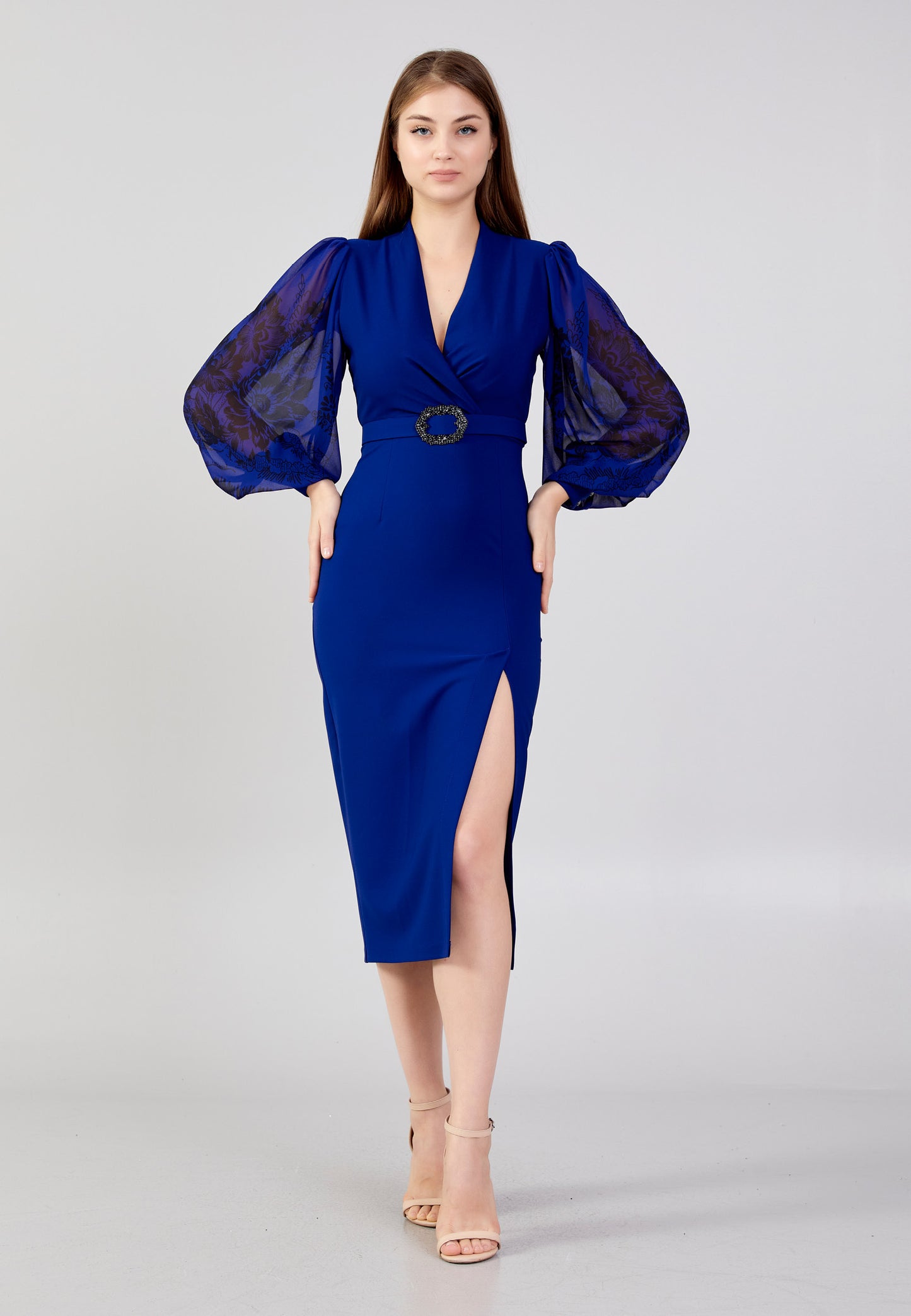 Blue midi dress with a slit